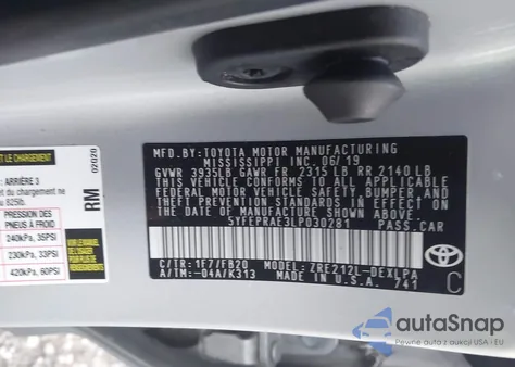 2020 Toyota Corolla Le z USA, uszkodzony, nr VIN 5YFEPRAE3LP030281